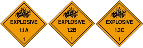 Explosive 1.1A; Explosive 1.2B; Explosive 1.3C (Official signage for three types of explosives - orange background color with black lettering and an image of an explosion))