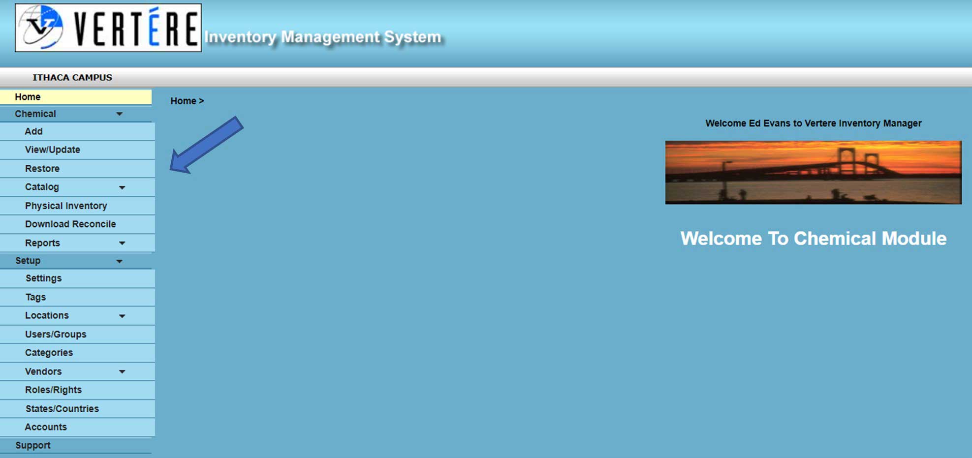 Vertere Website Screenshot Showing Options on the Left to Access Inventory Information Depending on Access Rights.